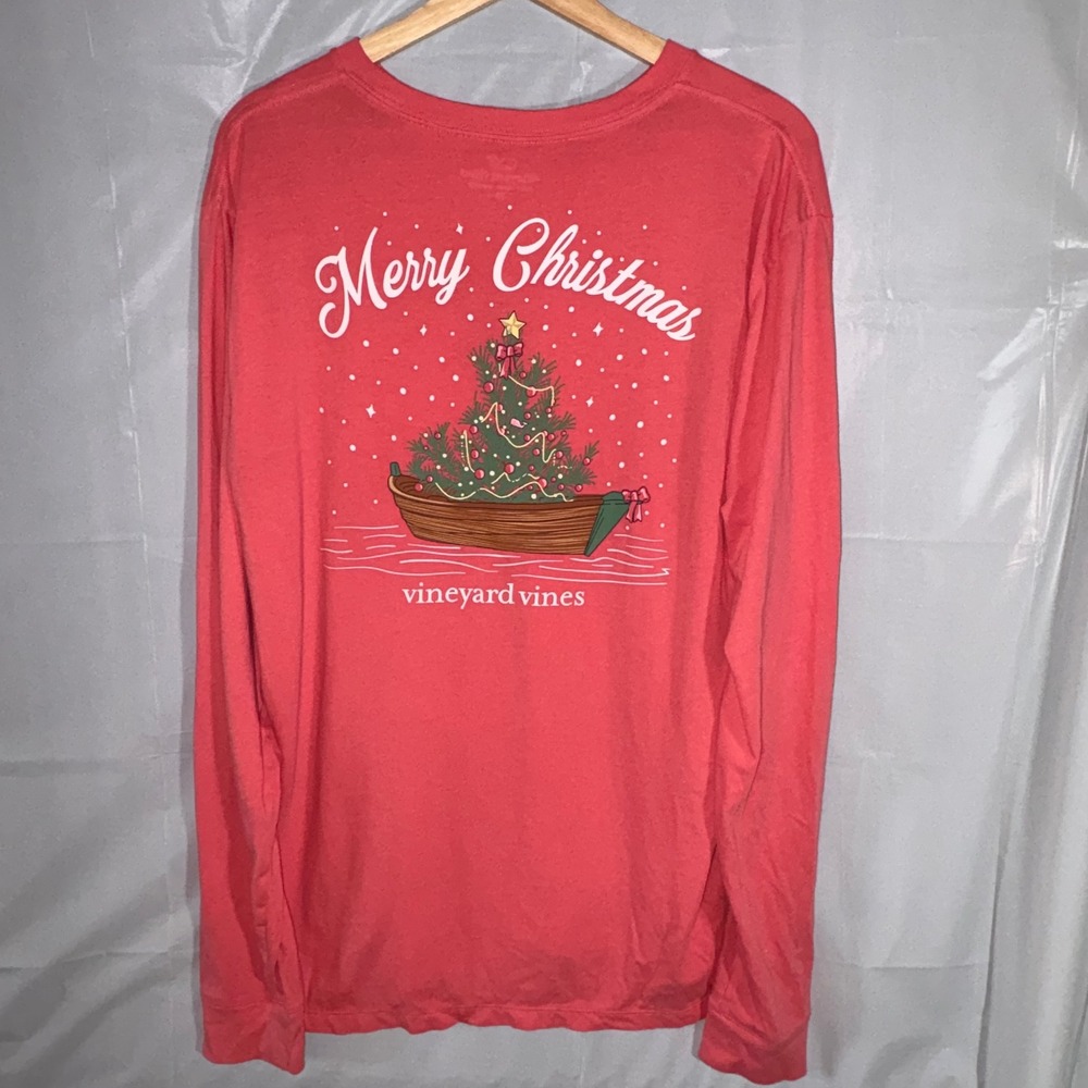 Vineyard Vines Mens Medium Red Merry Christmas Tree Boat Long Sleeve Pocket Tee